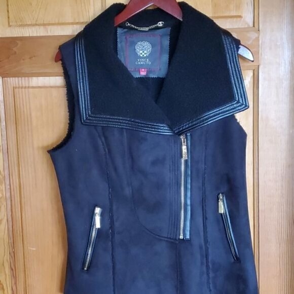 Vince Camuto Sz. M Black Faux Suede Sherpa Lined Zippered Vest with Pockets - Picture 3 of 10